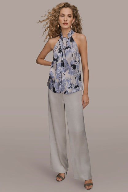 SATIN PRINTED TWIST HALTER BLOUSE