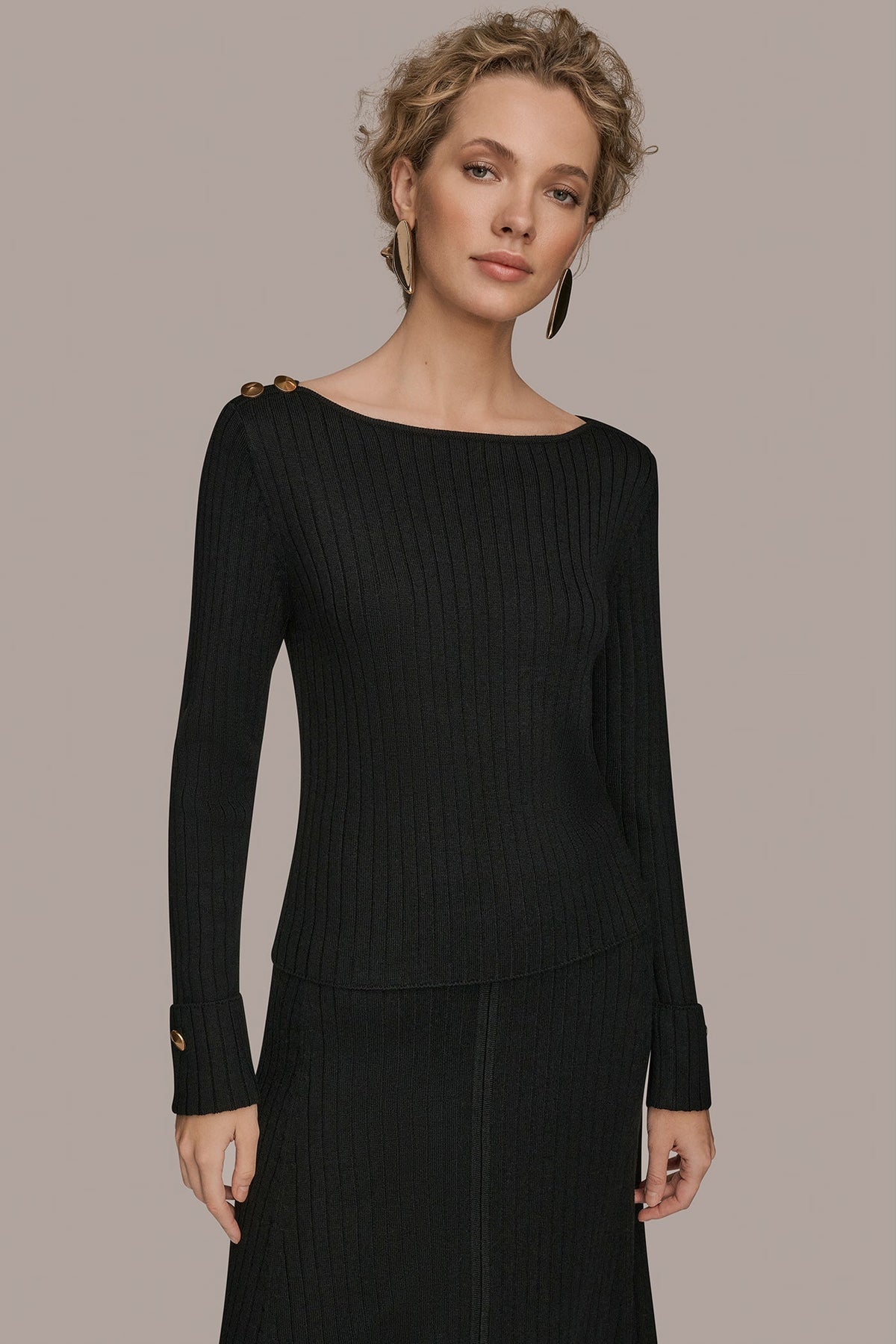 LONG SLEEVE BOATNECK RIBBED BUTTON SWEATER