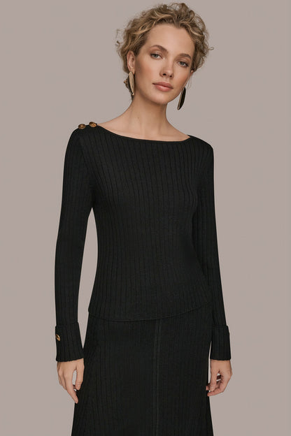 LONG SLEEVE BOATNECK RIBBED BUTTON SWEATER