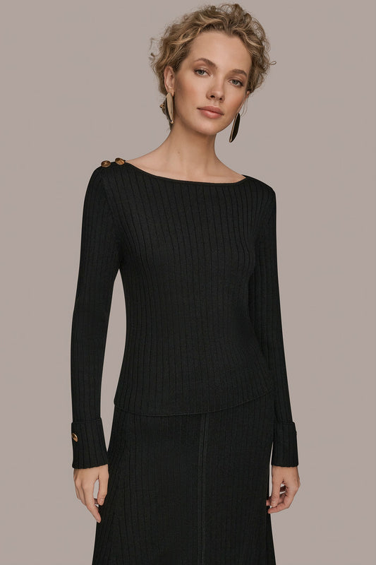LONG SLEEVE BOATNECK RIBBED BUTTON SWEATER