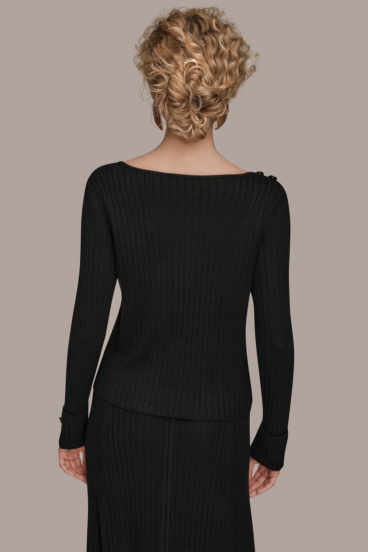 LONG SLEEVE BOATNECK RIBBED BUTTON SWEATER