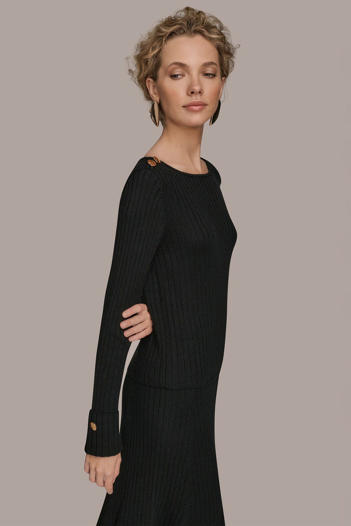 LONG SLEEVE BOATNECK RIBBED BUTTON SWEATER