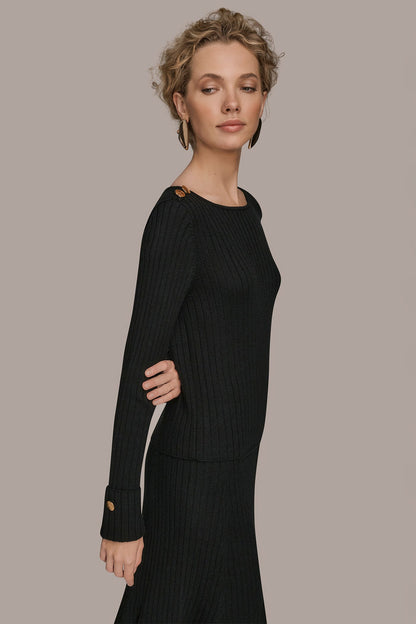 LONG SLEEVE BOATNECK RIBBED BUTTON SWEATER
