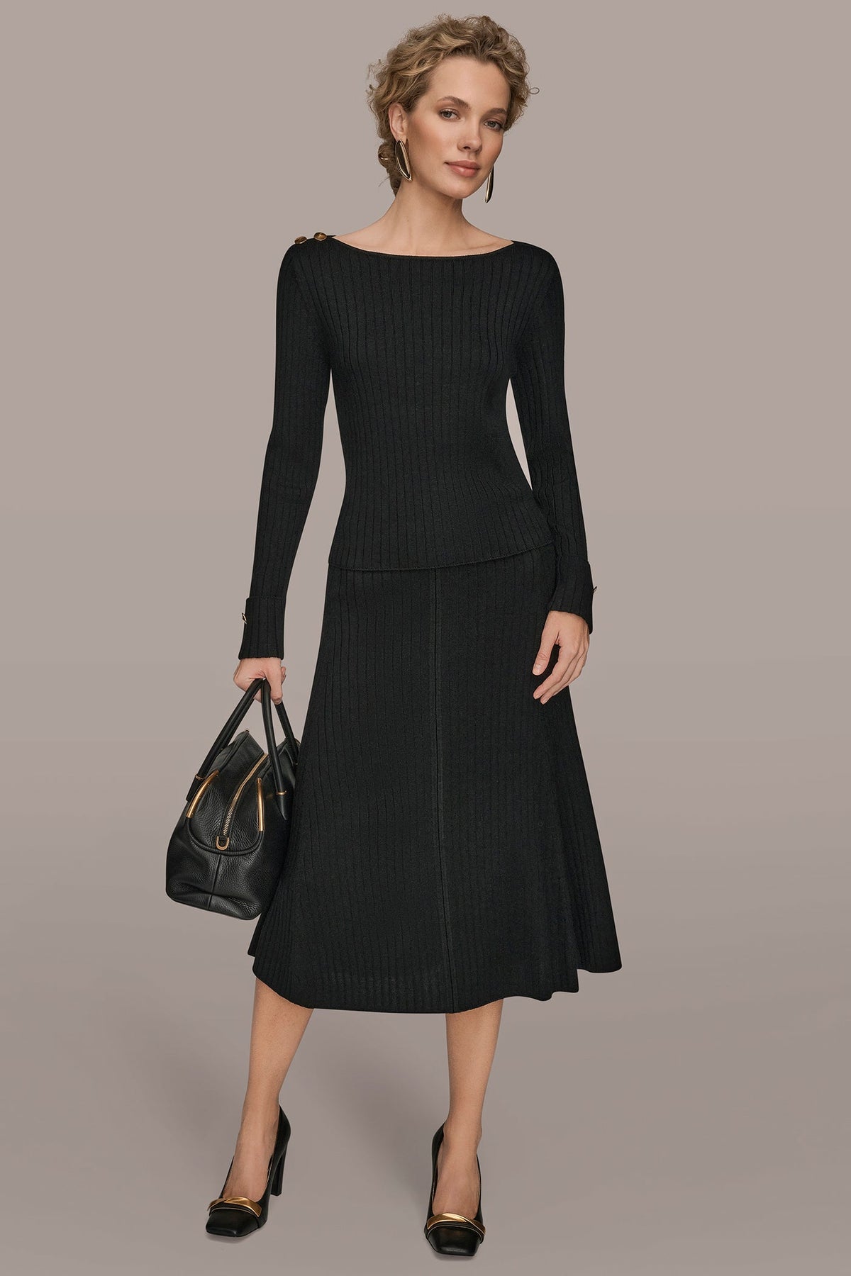 LONG SLEEVE BOATNECK RIBBED BUTTON SWEATER
