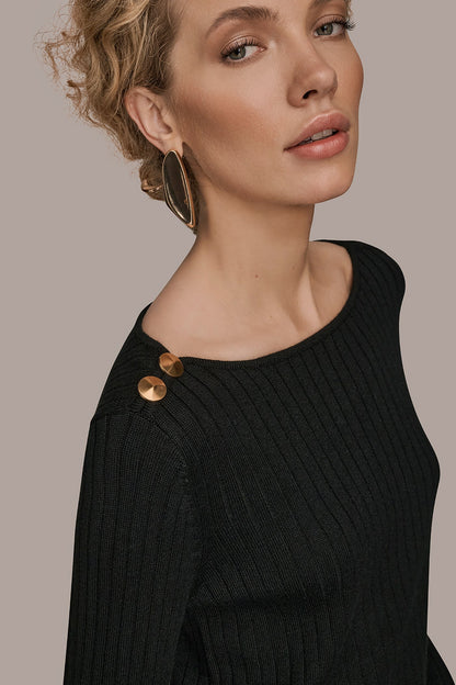 LONG SLEEVE BOATNECK RIBBED BUTTON SWEATER