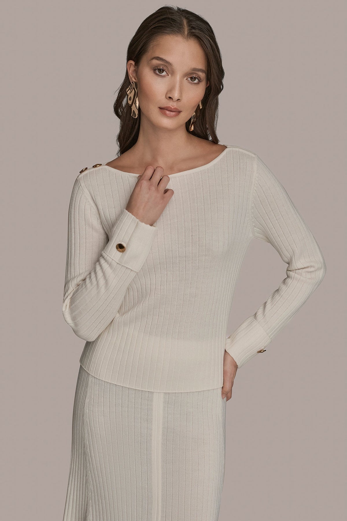 LONG SLEEVE BOATNECK RIBBED BUTTON SWEATER