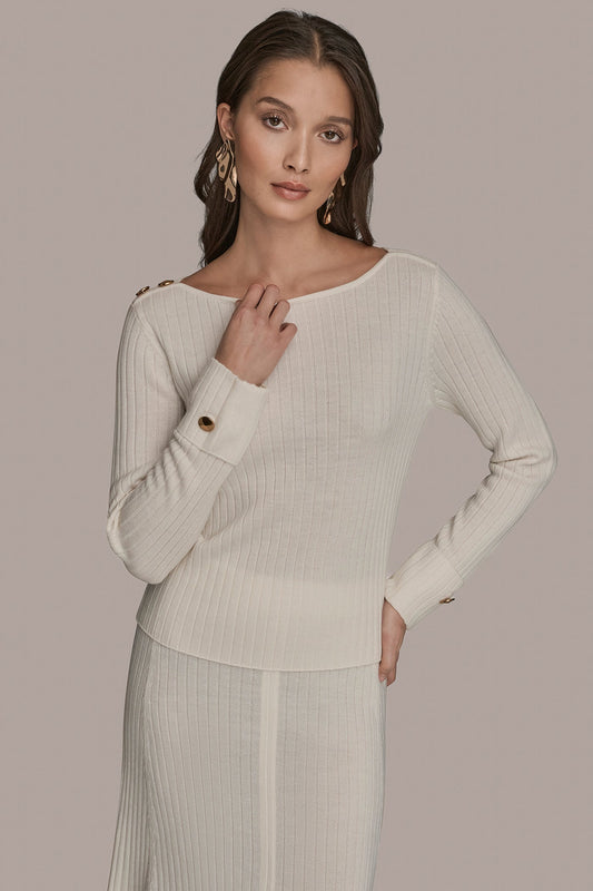 LONG SLEEVE BOATNECK RIBBED BUTTON SWEATER