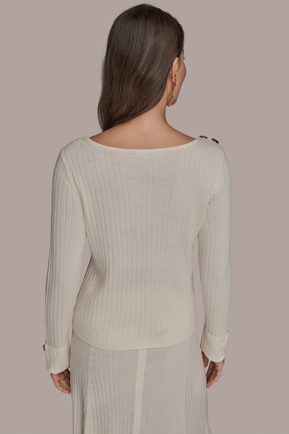 LONG SLEEVE BOATNECK RIBBED BUTTON SWEATER
