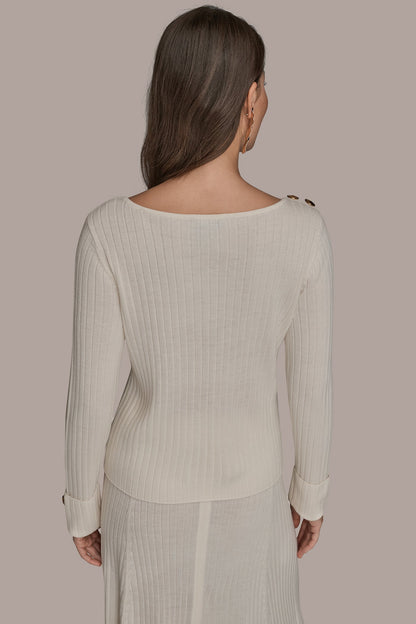 LONG SLEEVE BOATNECK RIBBED BUTTON SWEATER