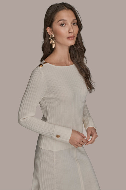 LONG SLEEVE BOATNECK RIBBED BUTTON SWEATER