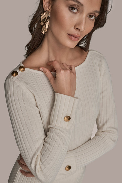 LONG SLEEVE BOATNECK RIBBED BUTTON SWEATER
