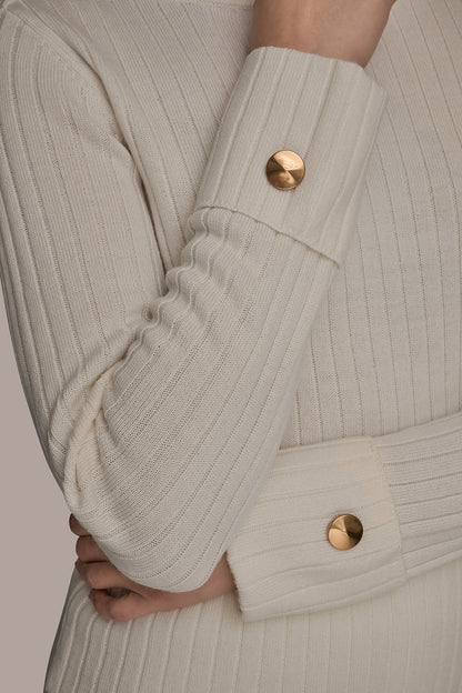 LONG SLEEVE BOATNECK RIBBED BUTTON SWEATER
