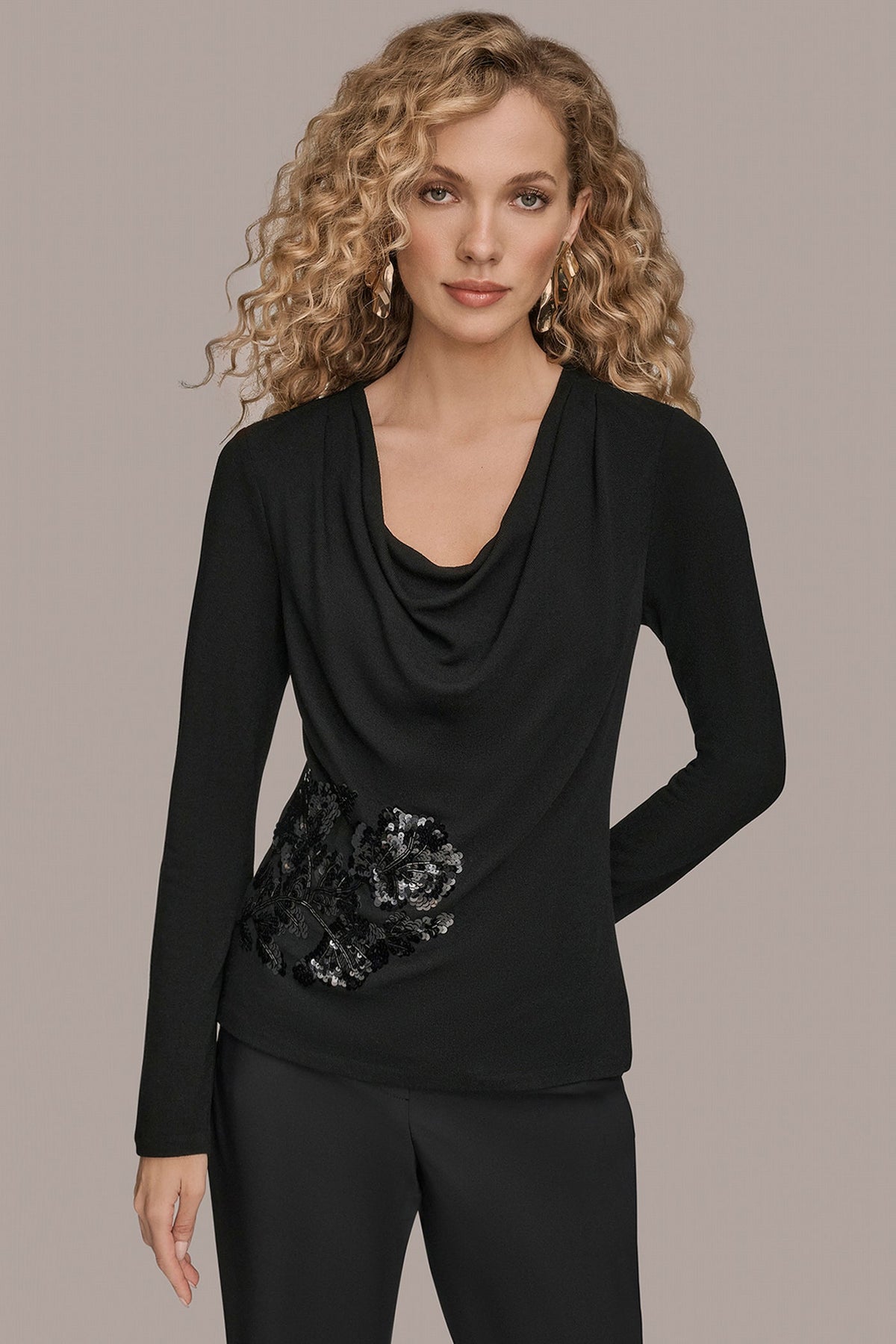 LONG-SLEEVE COWL-NECK FLORAL TOP