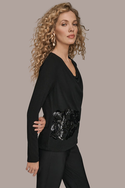 LONG-SLEEVE COWL-NECK FLORAL TOP