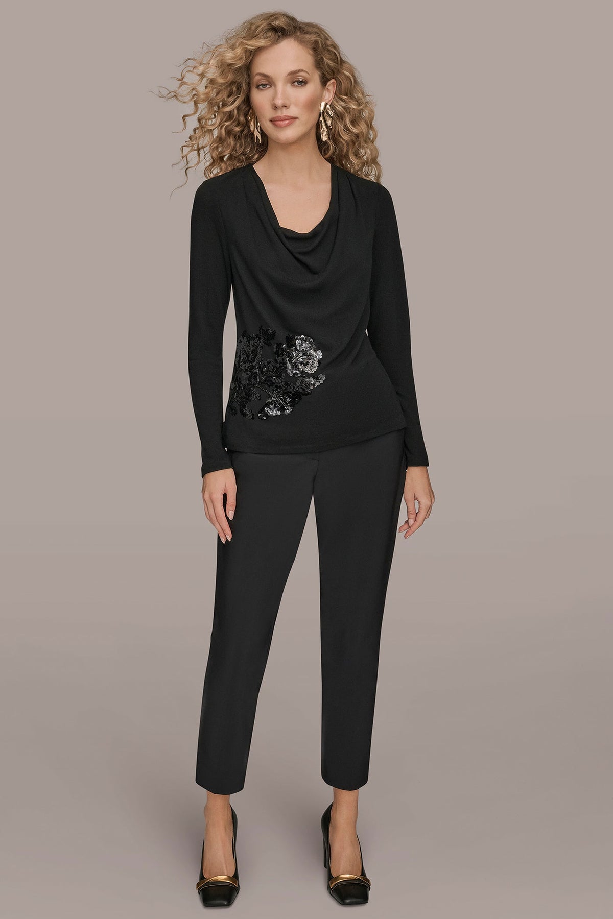 LONG-SLEEVE COWL-NECK FLORAL TOP