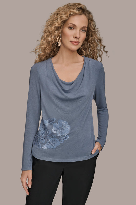 LONG-SLEEVE COWL-NECK FLORAL TOP