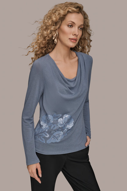 LONG-SLEEVE COWL-NECK FLORAL TOP