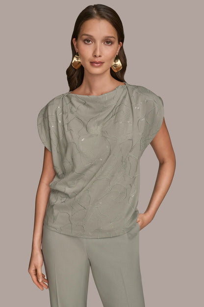 SHORT SLEEVE COWL-NECK SEQUIN TOP