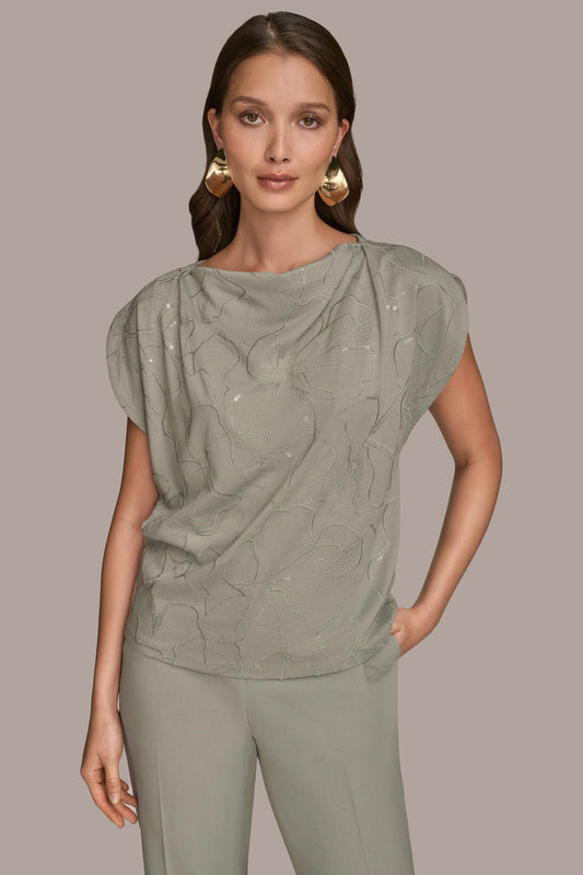 SHORT SLEEVE COWL-NECK SEQUIN TOP