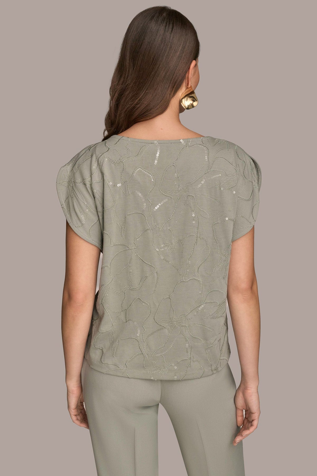 SHORT SLEEVE COWL-NECK SEQUIN TOP