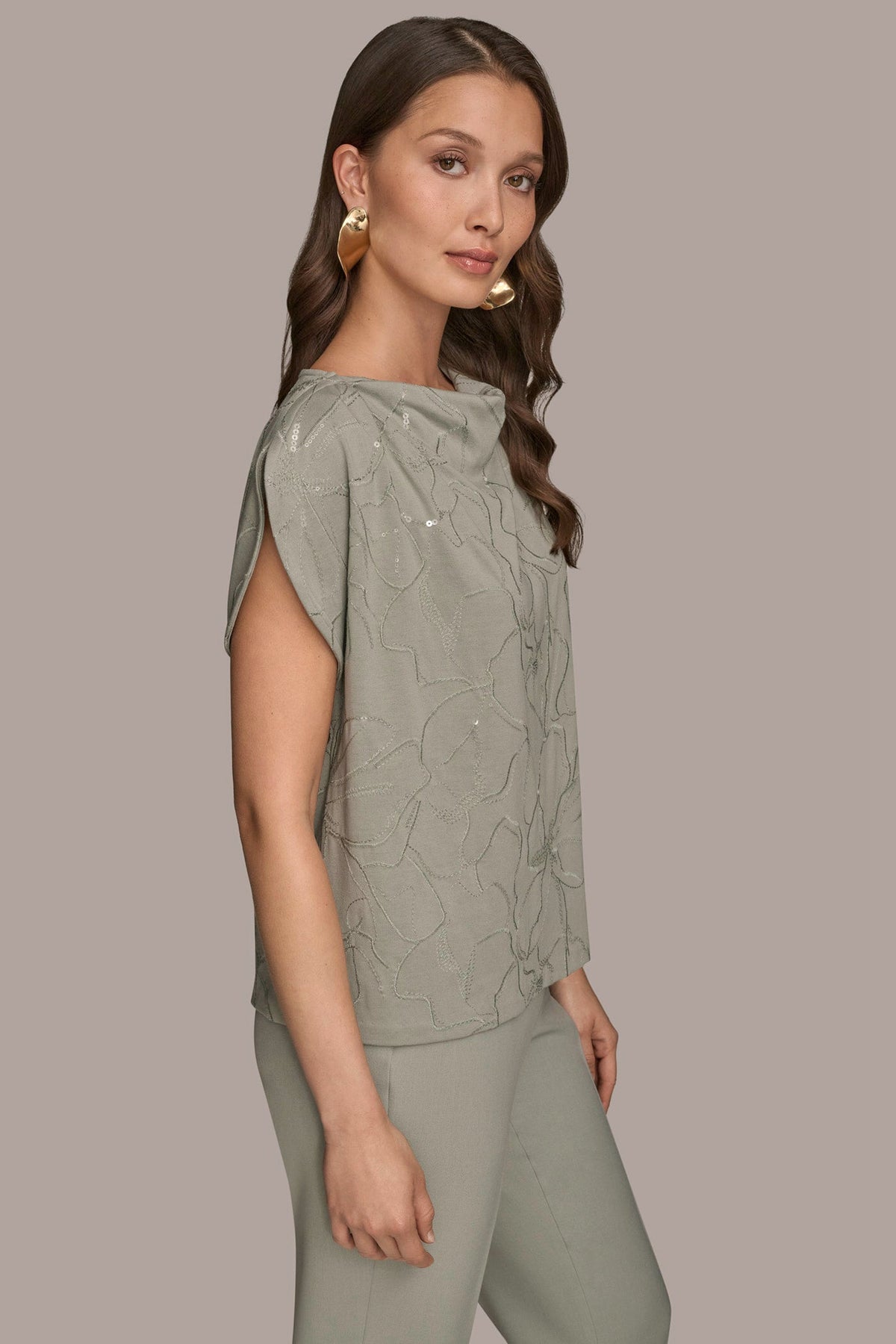 SHORT SLEEVE COWL-NECK SEQUIN TOP