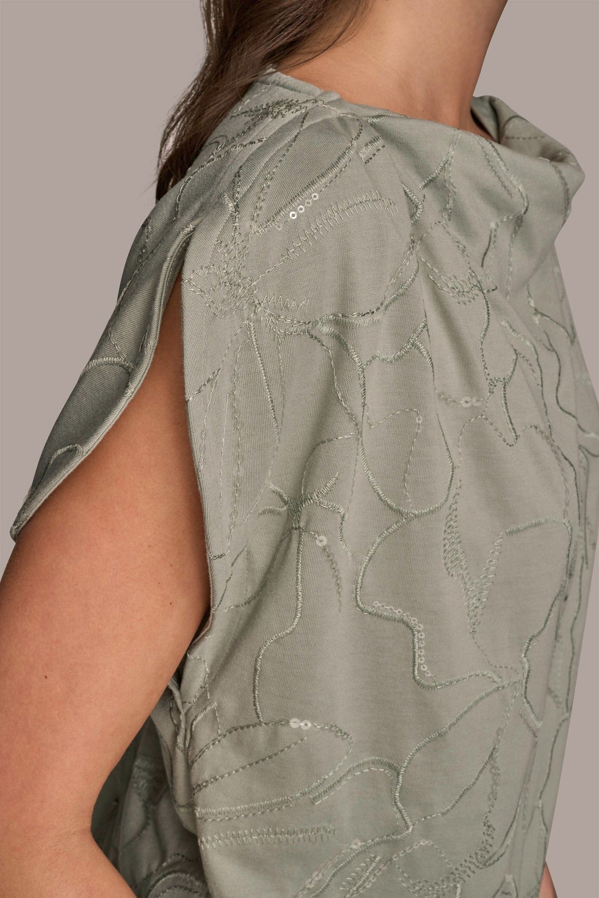 SHORT SLEEVE COWL-NECK SEQUIN TOP