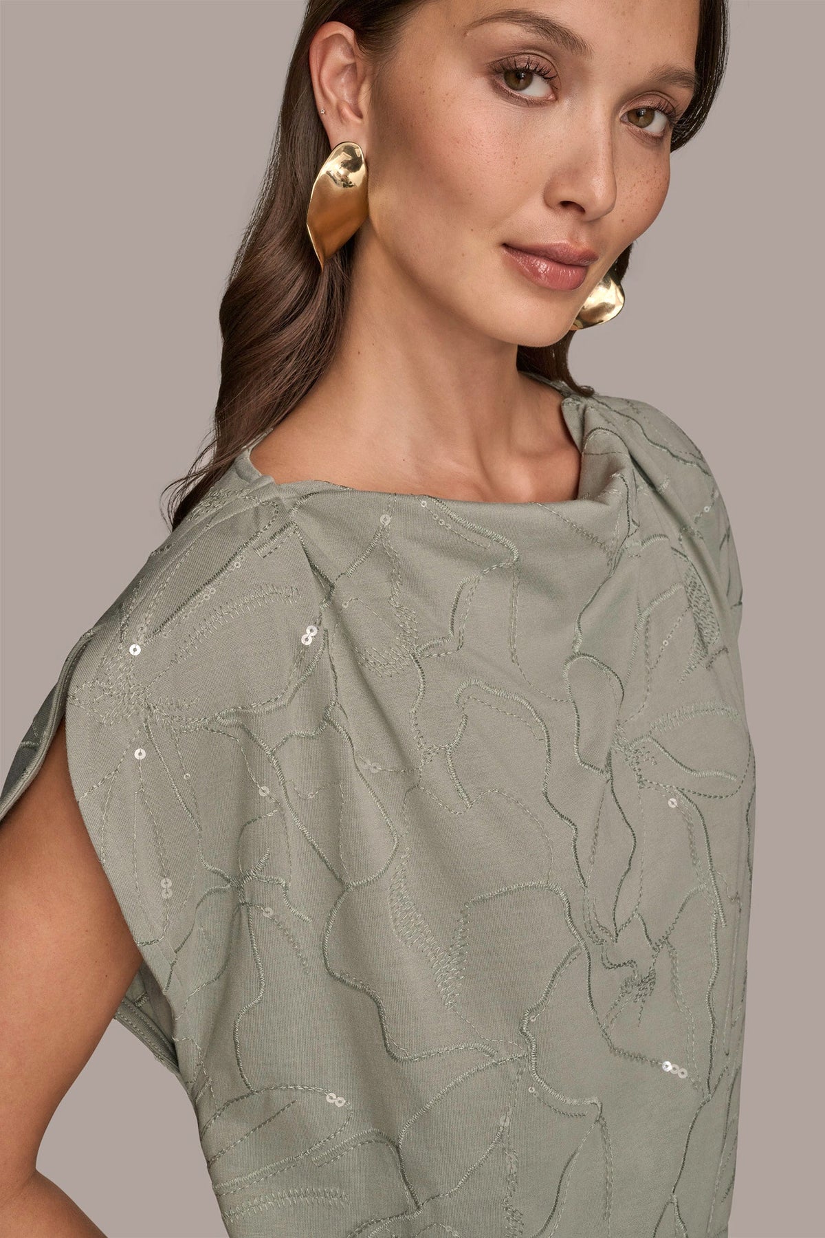 SHORT SLEEVE COWL-NECK SEQUIN TOP