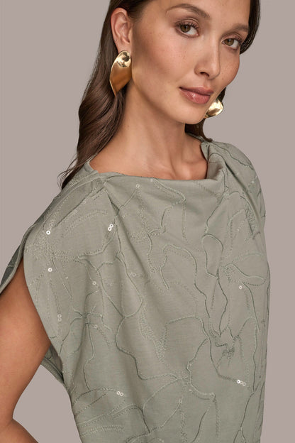 SHORT SLEEVE COWL-NECK SEQUIN TOP