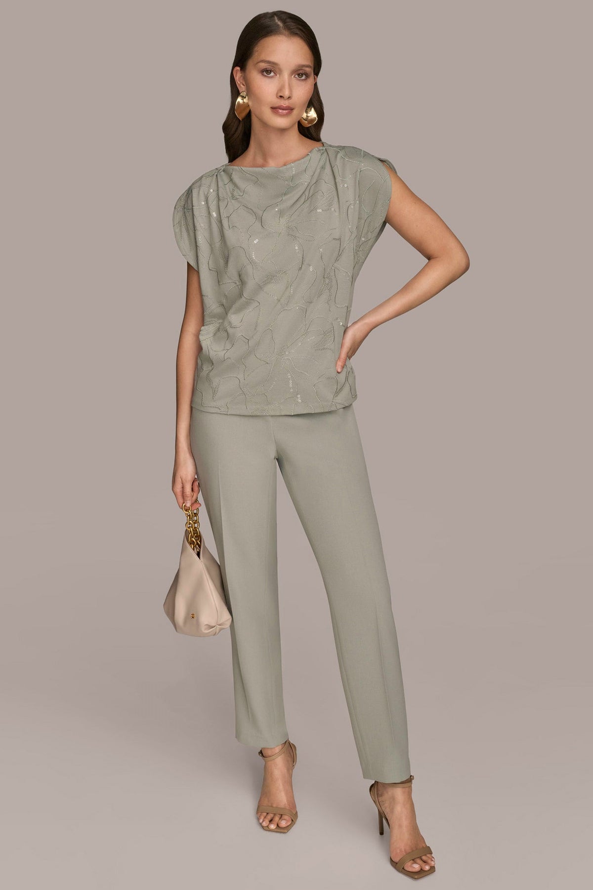 SHORT SLEEVE COWL-NECK SEQUIN TOP