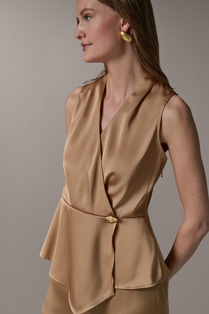 SLEEVELESS WRAP-EFFECT ASYMMETRIC PEPLUM BLOUSE