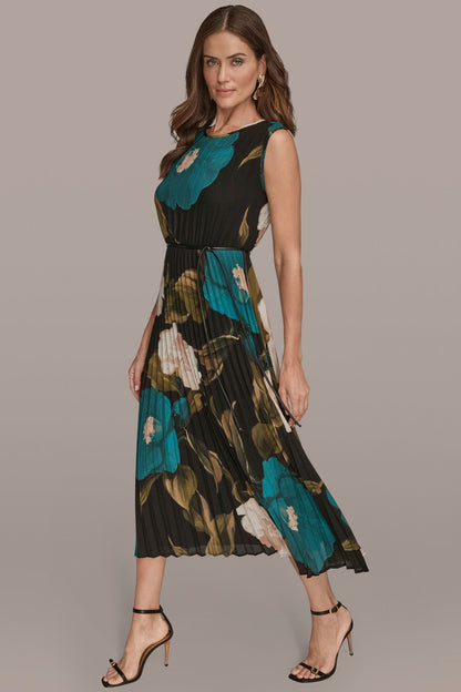 CHIFFON FLORAL PLEATED MAXI DRESS