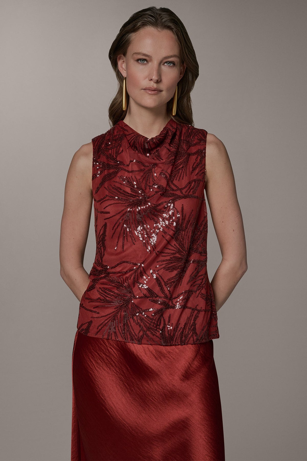 SLEEVELESS COWL NECK SEQUIN BLOUSE