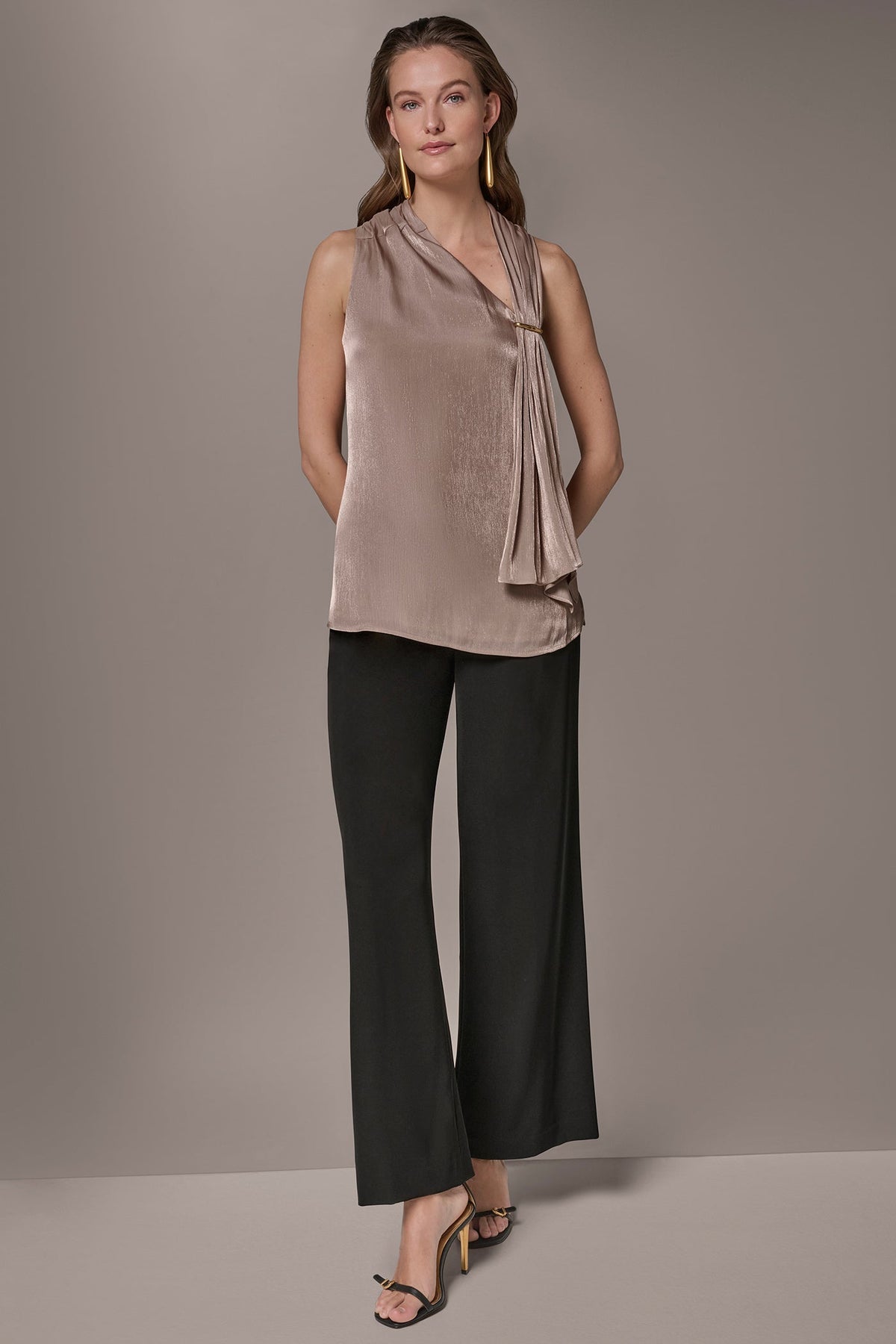 METALLIC ASYMMETRIC SCARF HALTER BLOUSE