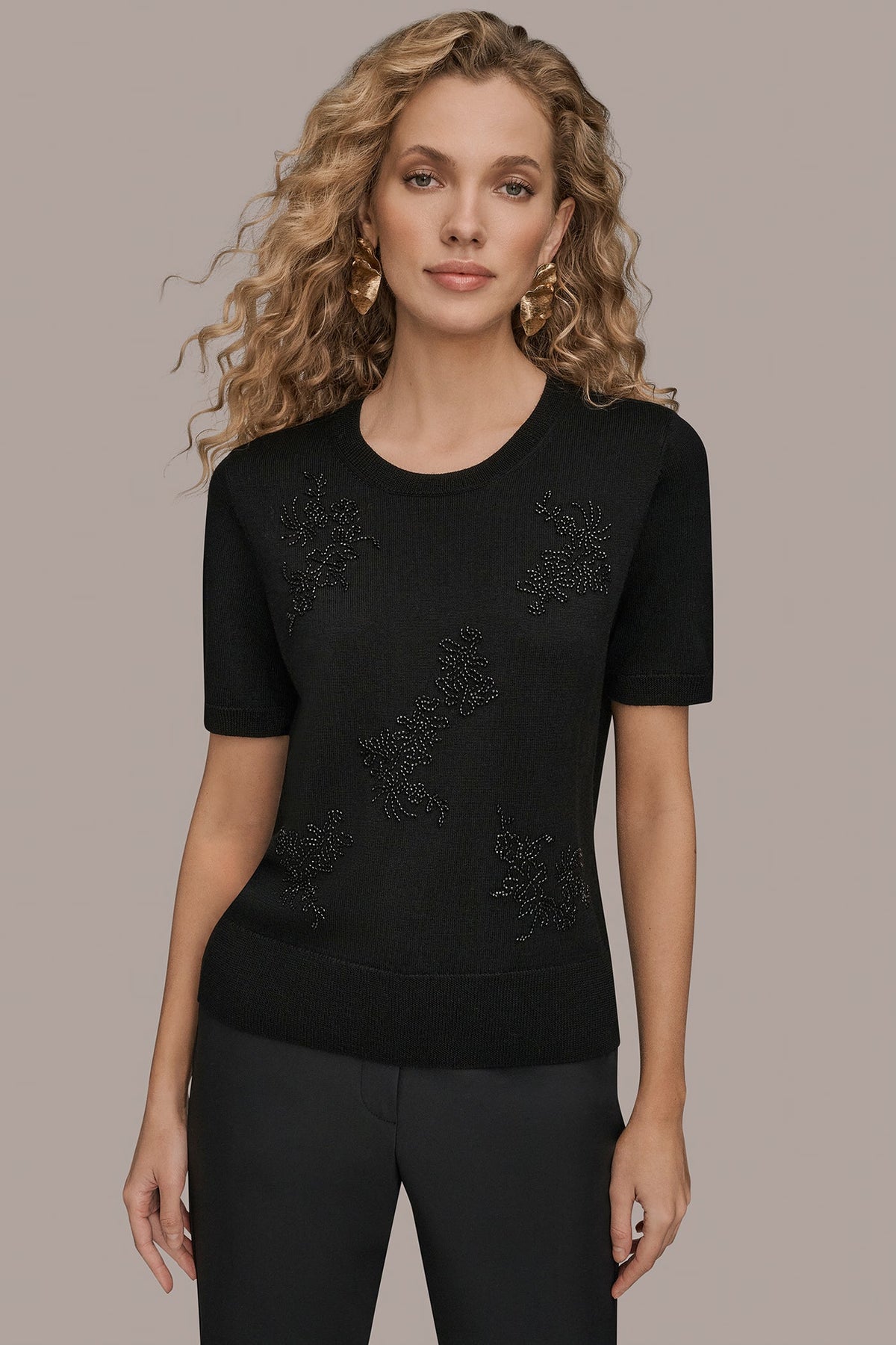 SHORT-SLEEVE FLORAL WOOL SWEATER