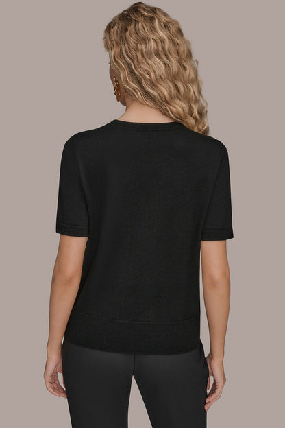 SHORT-SLEEVE FLORAL WOOL SWEATER