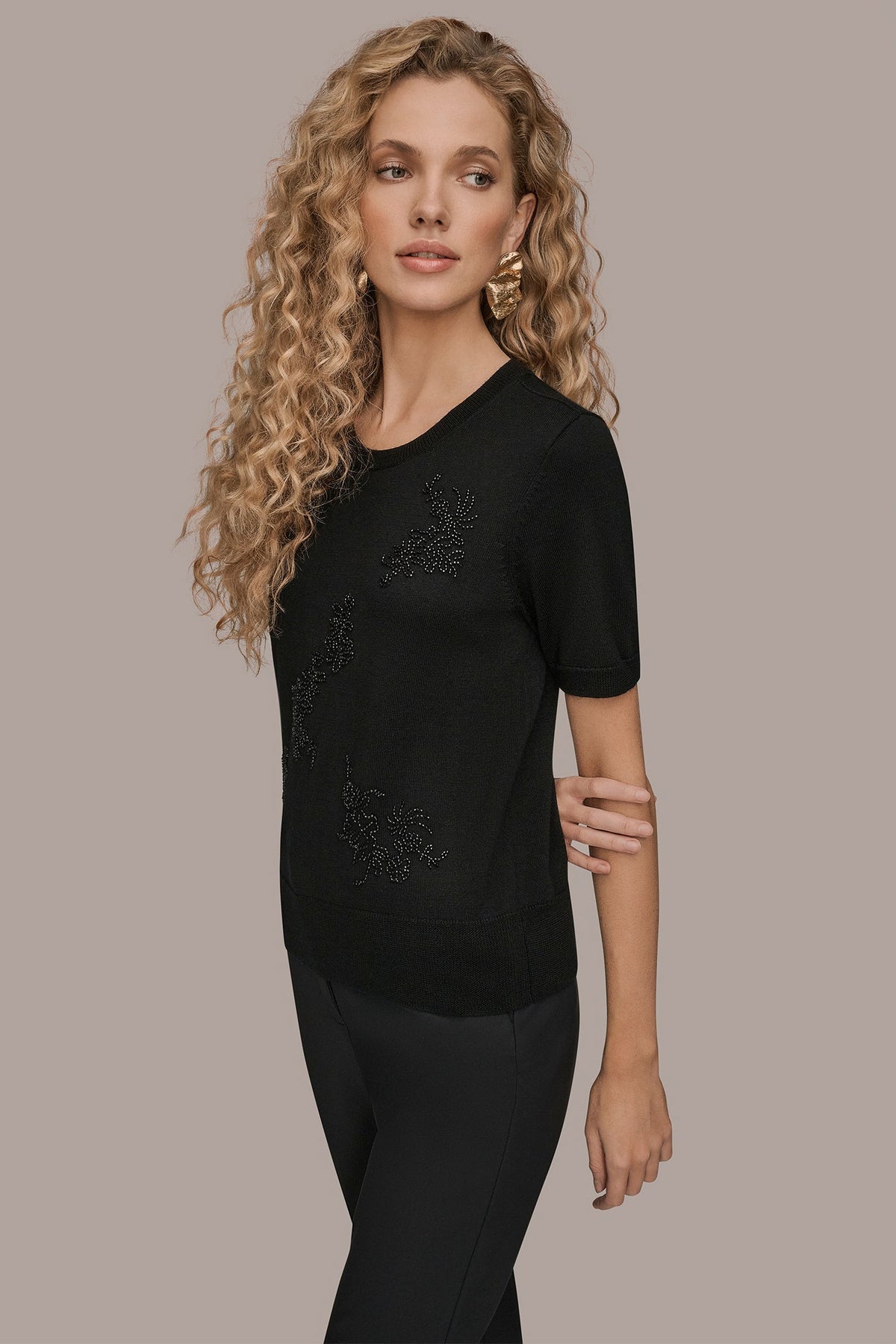 SHORT-SLEEVE FLORAL WOOL SWEATER