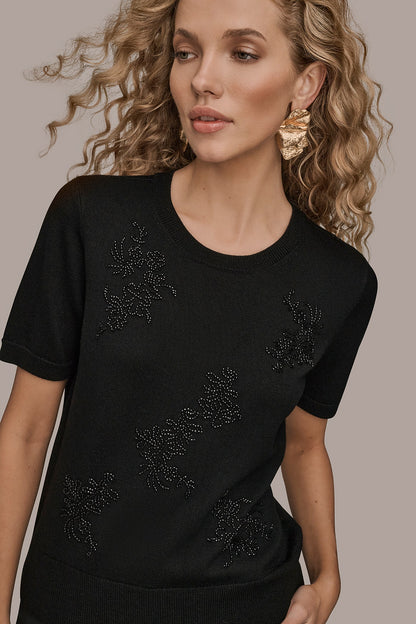 SHORT-SLEEVE FLORAL WOOL SWEATER