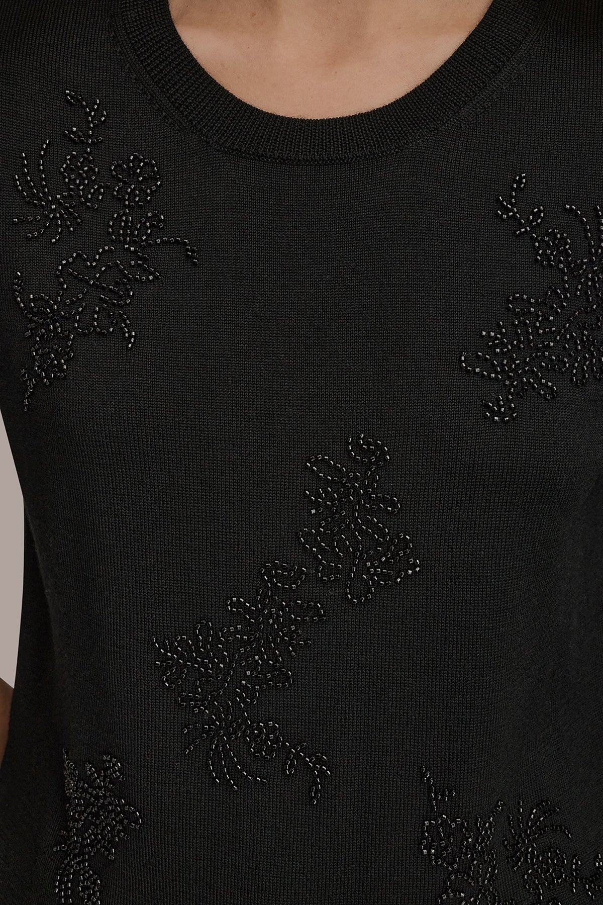SHORT-SLEEVE FLORAL WOOL SWEATER