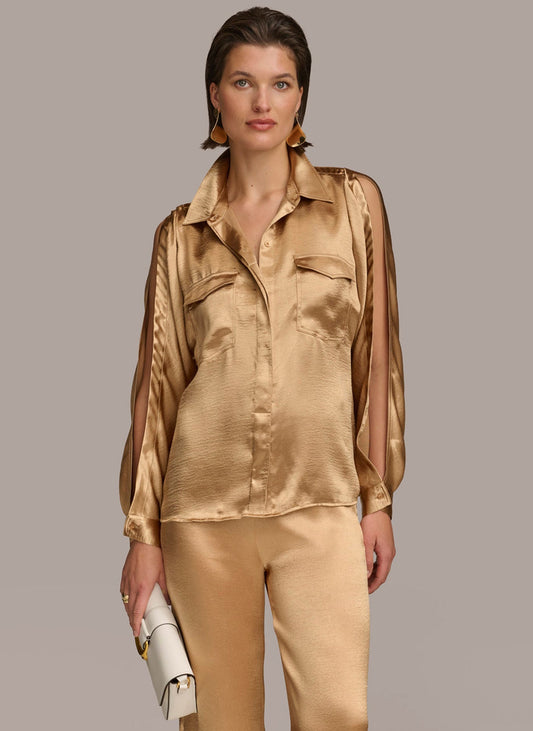 COLD SHOULDER COLLARED BUTTON DOWN