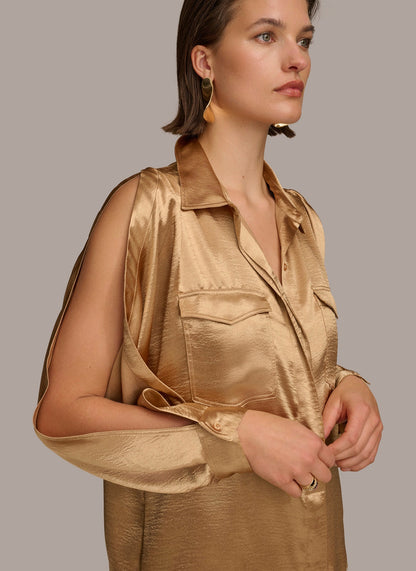 COLD SHOULDER COLLARED BUTTON DOWN