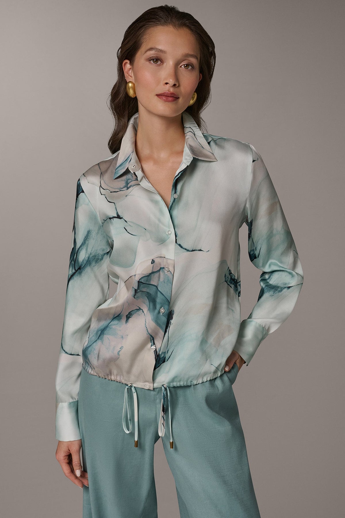 PRINTED DRAWSTRING HEM BLOUSE