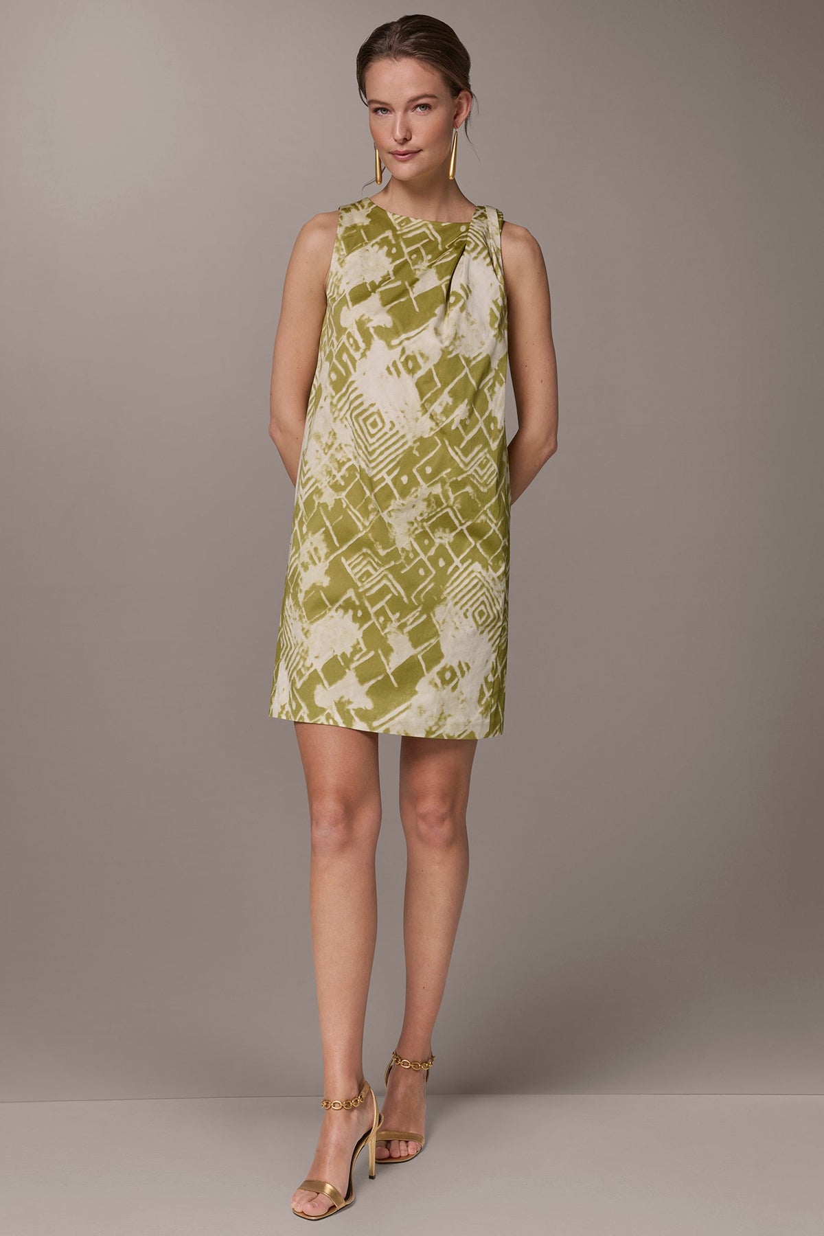 COTTON-SATEEN TWIST SHOULDER SHIFT DRESS