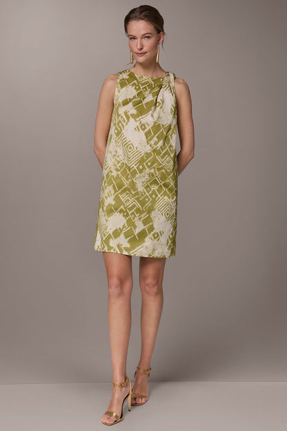 COTTON-SATEEN TWIST SHOULDER SHIFT DRESS