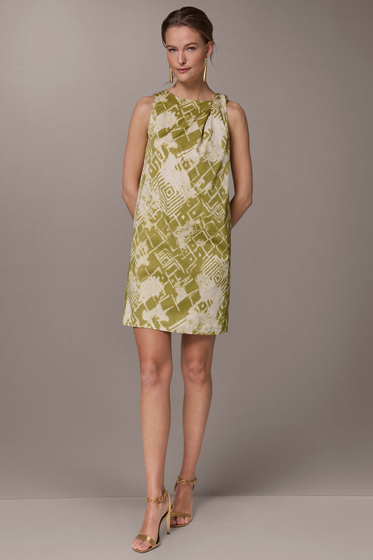 COTTON-SATEEN TWIST SHOULDER SHIFT DRESS