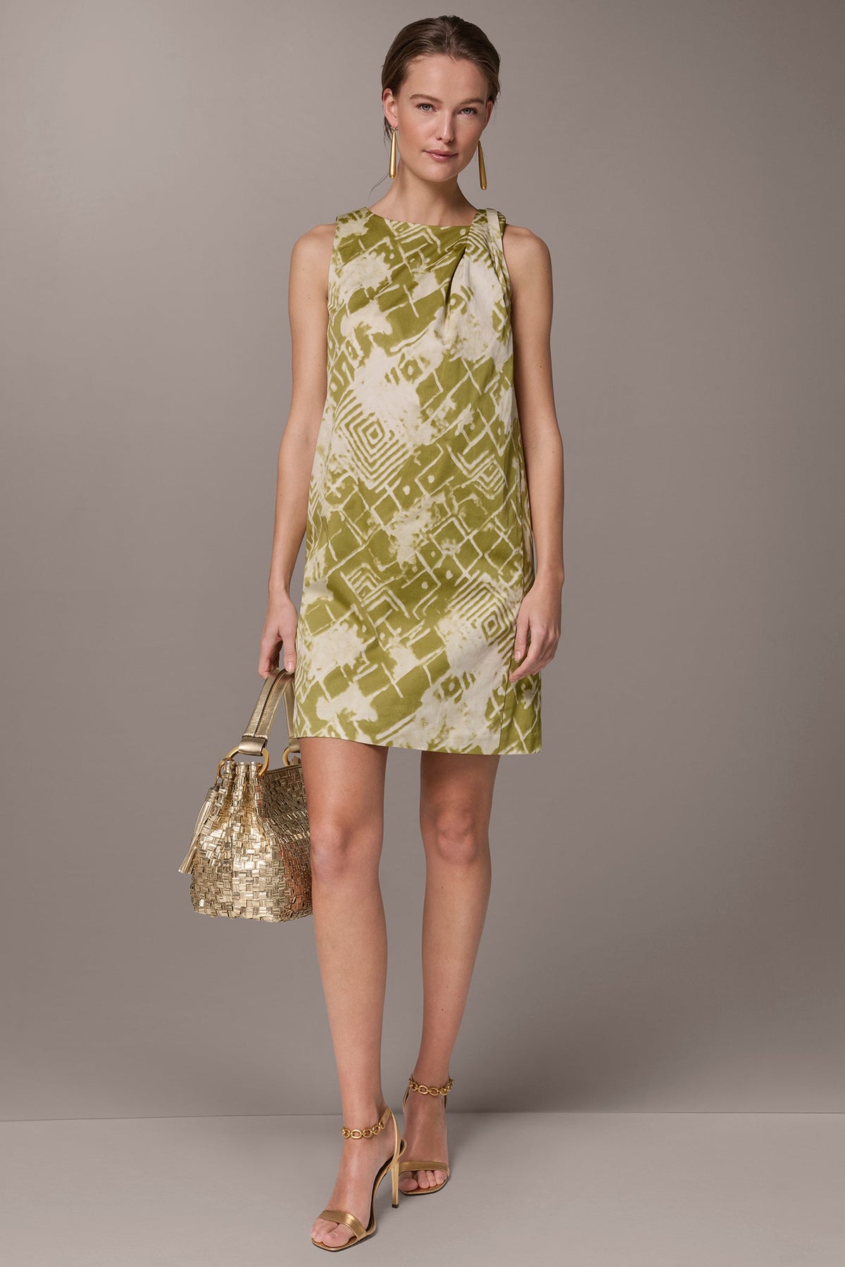 COTTON-SATEEN TWIST SHOULDER SHIFT DRESS