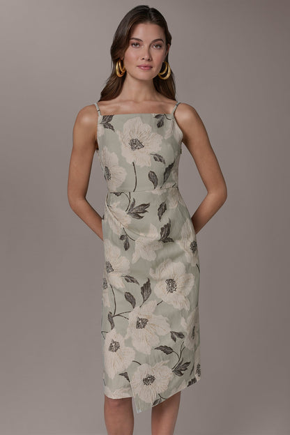 FLORAL-JACQUARD WRAP MIDI DRESS