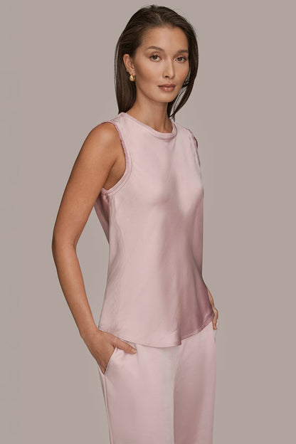 SATIN FRINGE-TRIMMED SLEEVELESS BLOUSE