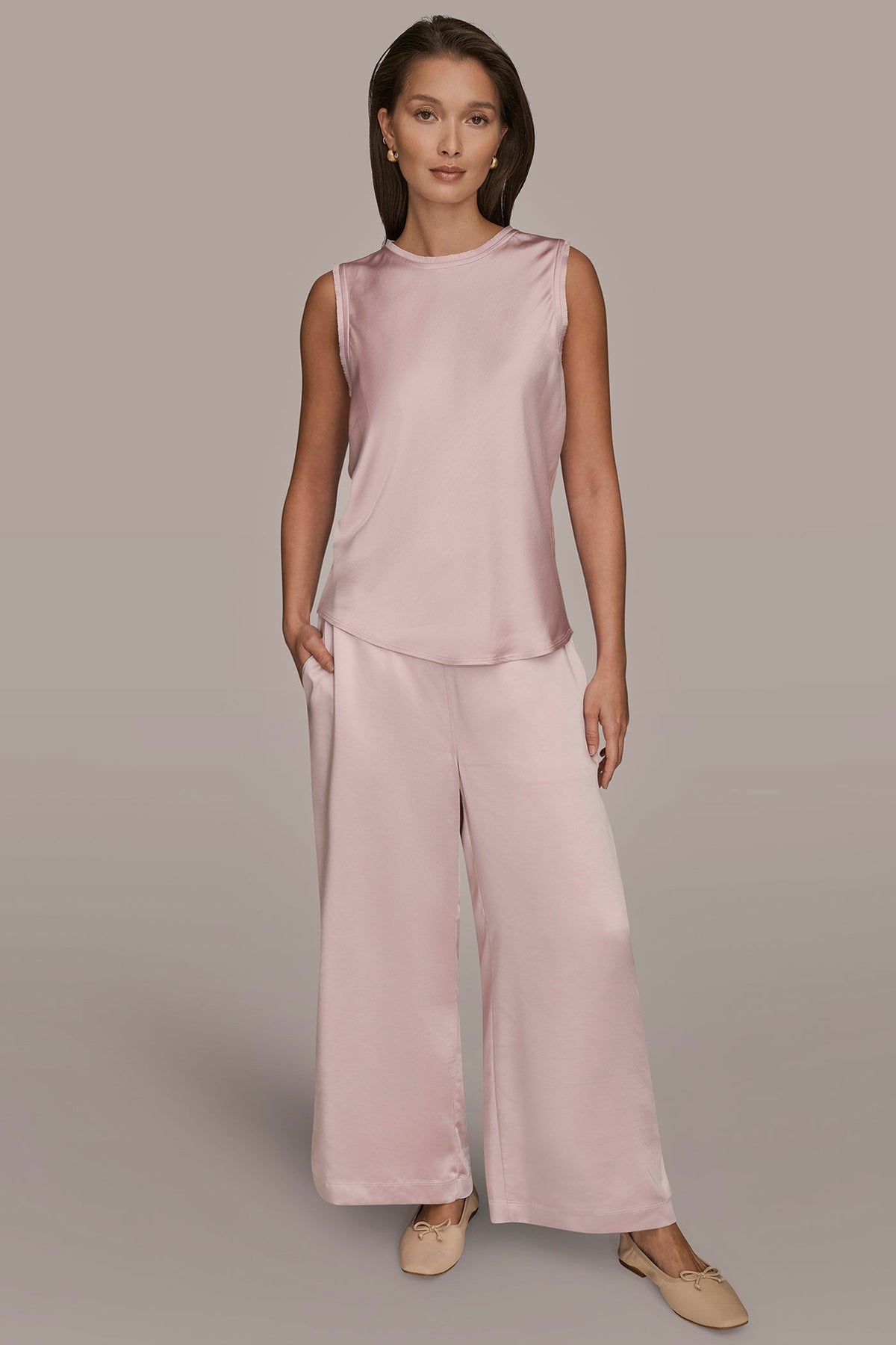 SATIN FRINGE-TRIMMED SLEEVELESS BLOUSE