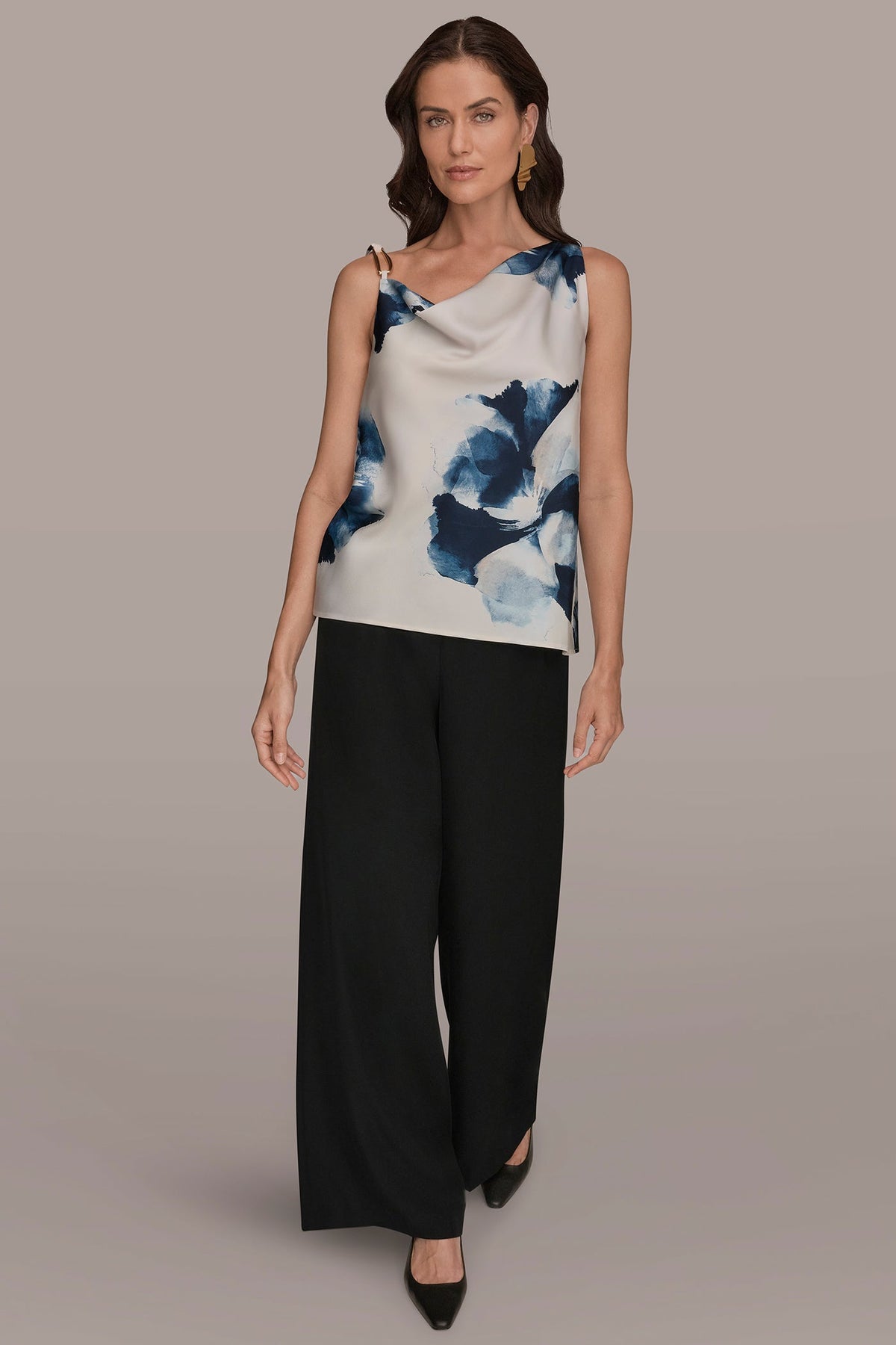 SATIN FLORAL COWL-NECK CUTOUT SHOULDER CAMI