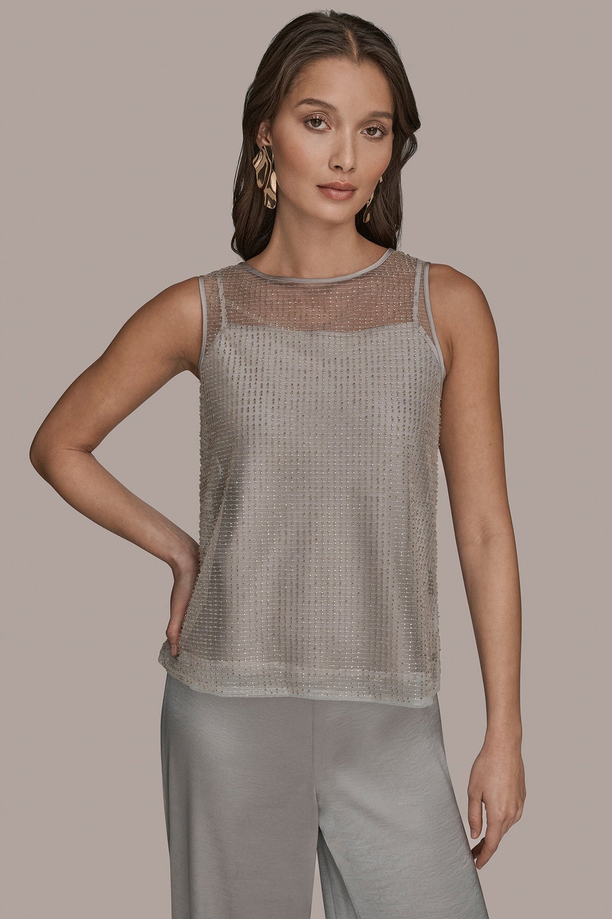 LAYERED BEADED SLEEVELESS BLOUSE